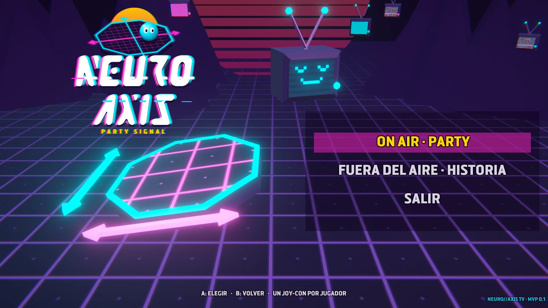 Écran titre de NeuroAxis: Party Signal, avec le menu et une plateforme néon