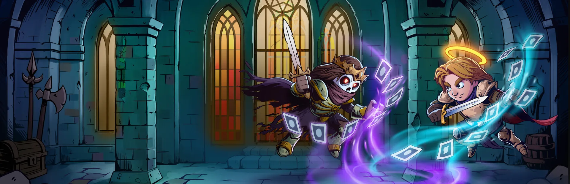 Illustration de Deck of Souls : deux guerriers s’affrontent à coups de cartes dans un château