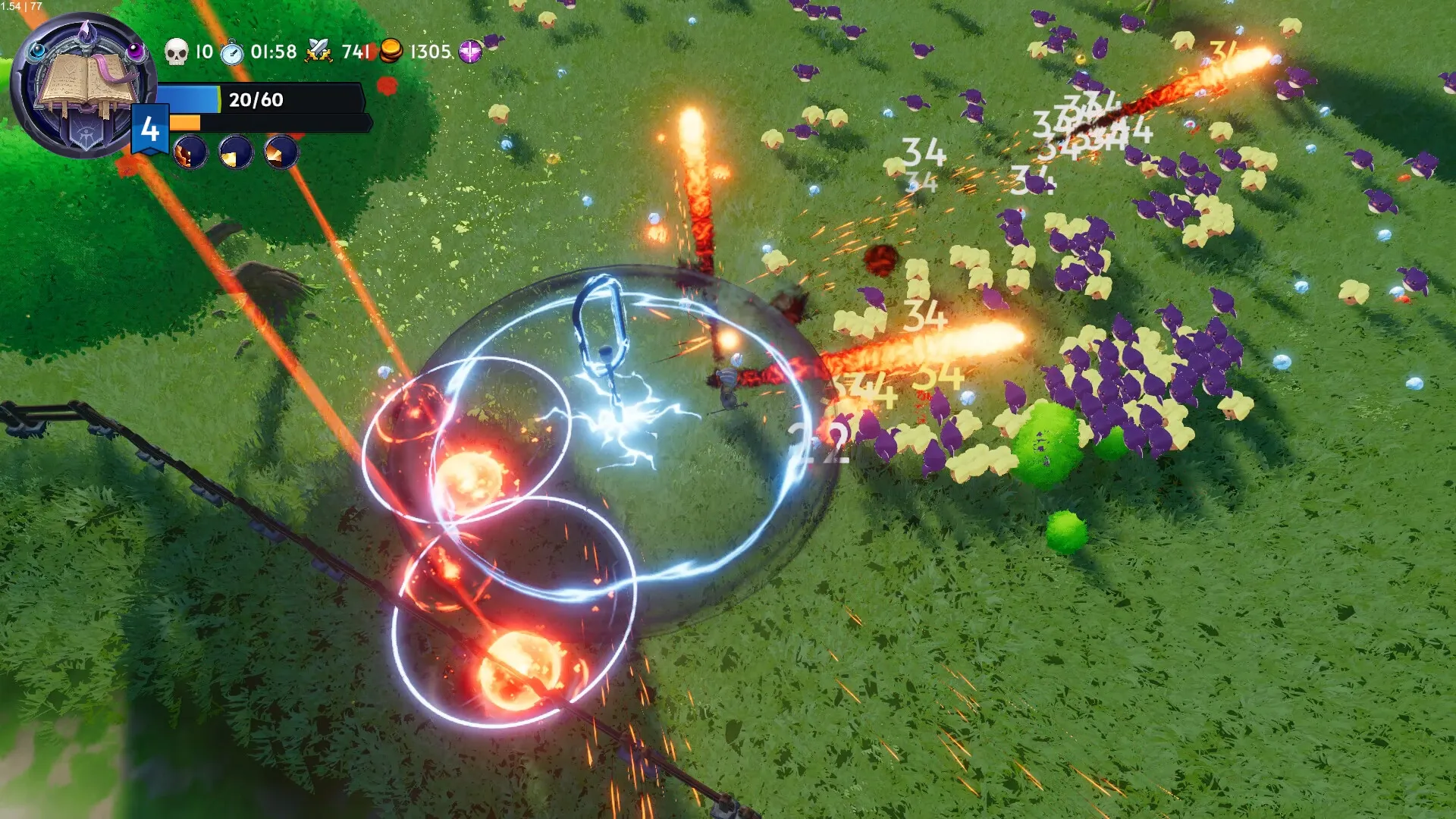Halftime Heroes: the hero casts fire spells at a horde of enemies