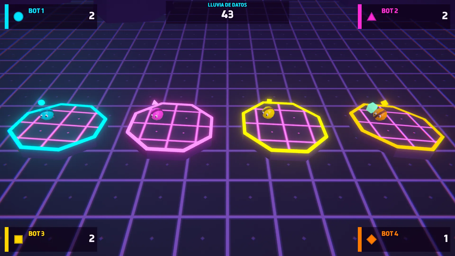 Lluvia de Datos minigame: four players on tilting platforms