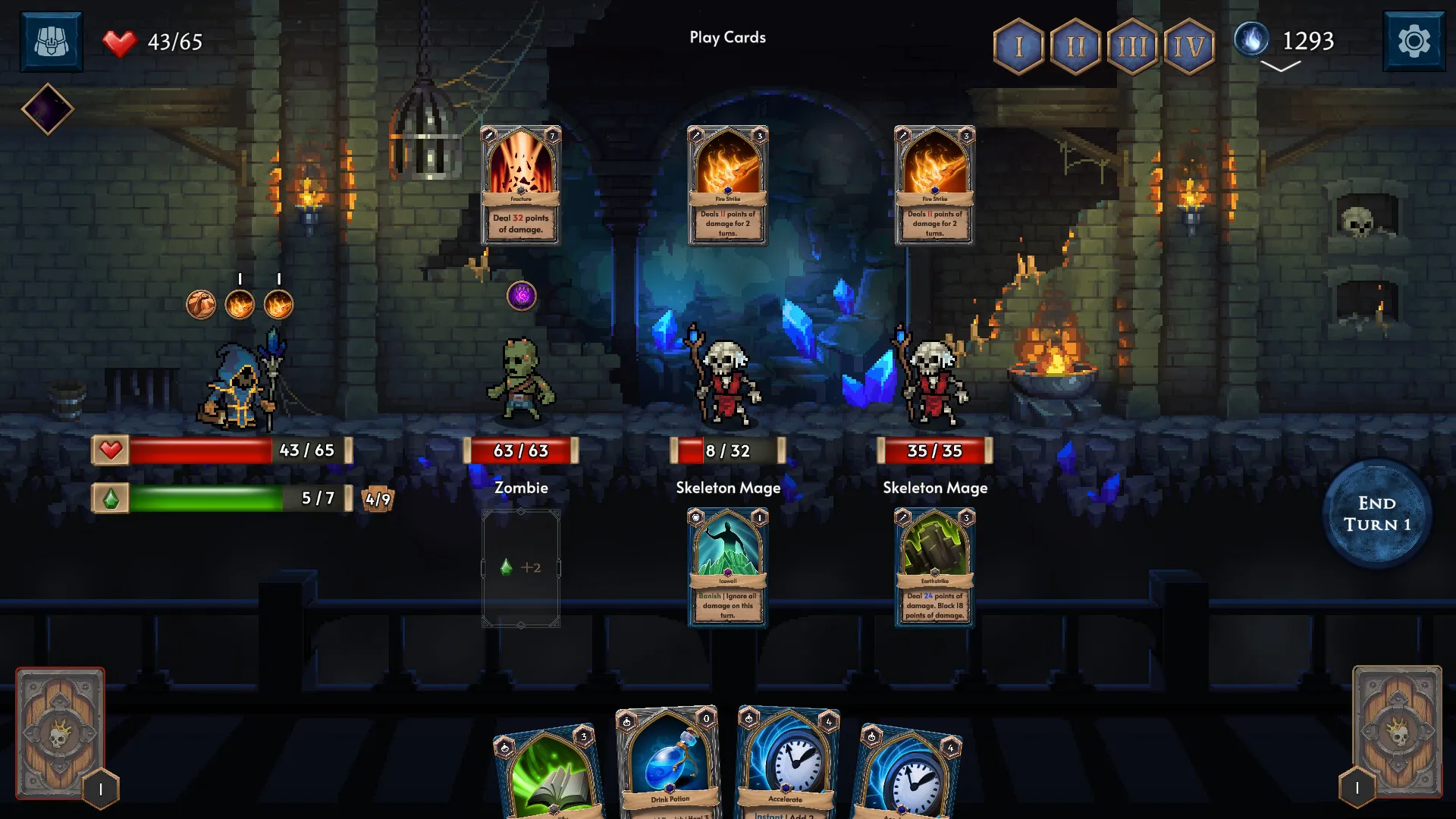 Deck of Souls: battle against a zombie and skeleton mages in a crypt